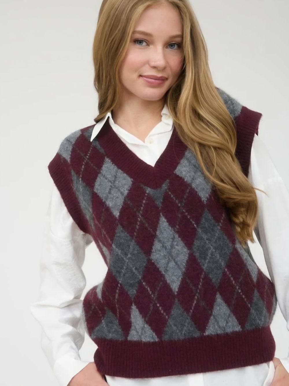 Marled Burgundy and Gray Argyle V-Neck Sweater Vest